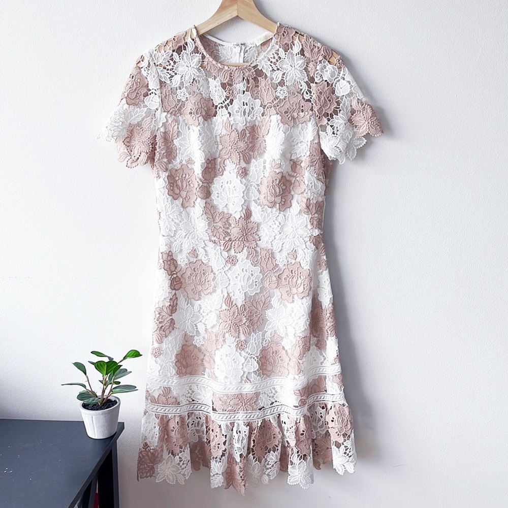 Shoshanna Floral Lace Two Tone Ivory and Sand Midi Ruffle Dress $445 NWOT
